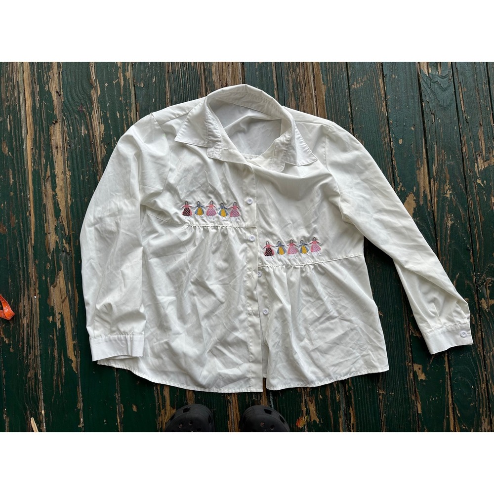White Long Sleeve Button Down Blouse Embroidered Girls Empire Waist Top A4068
